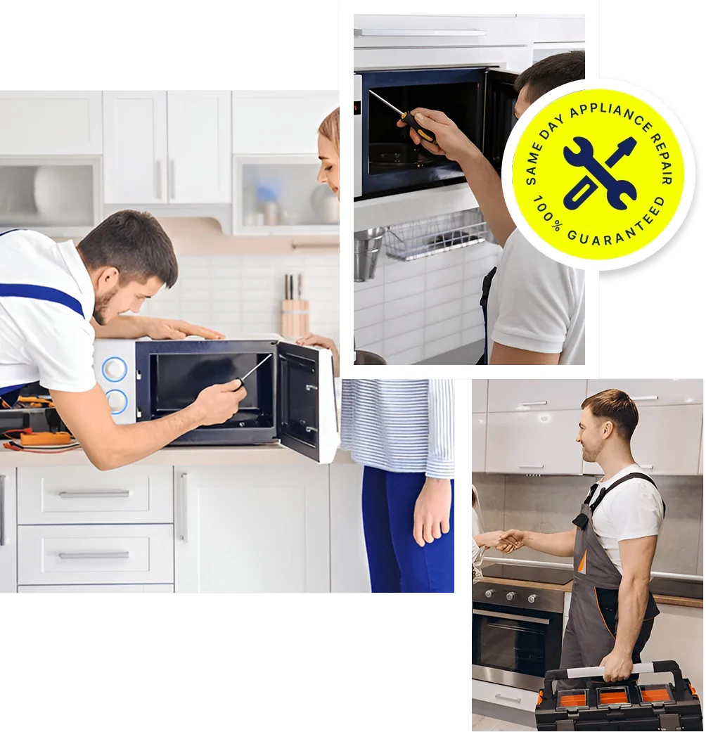 Technician providing microwave oven repair service in Laval